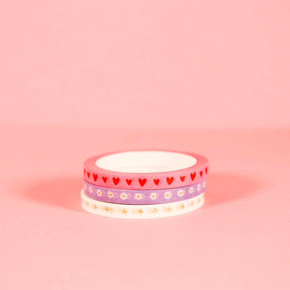 Set of 3 Mini Kawaii Daisy Heart & Star Washi Tape