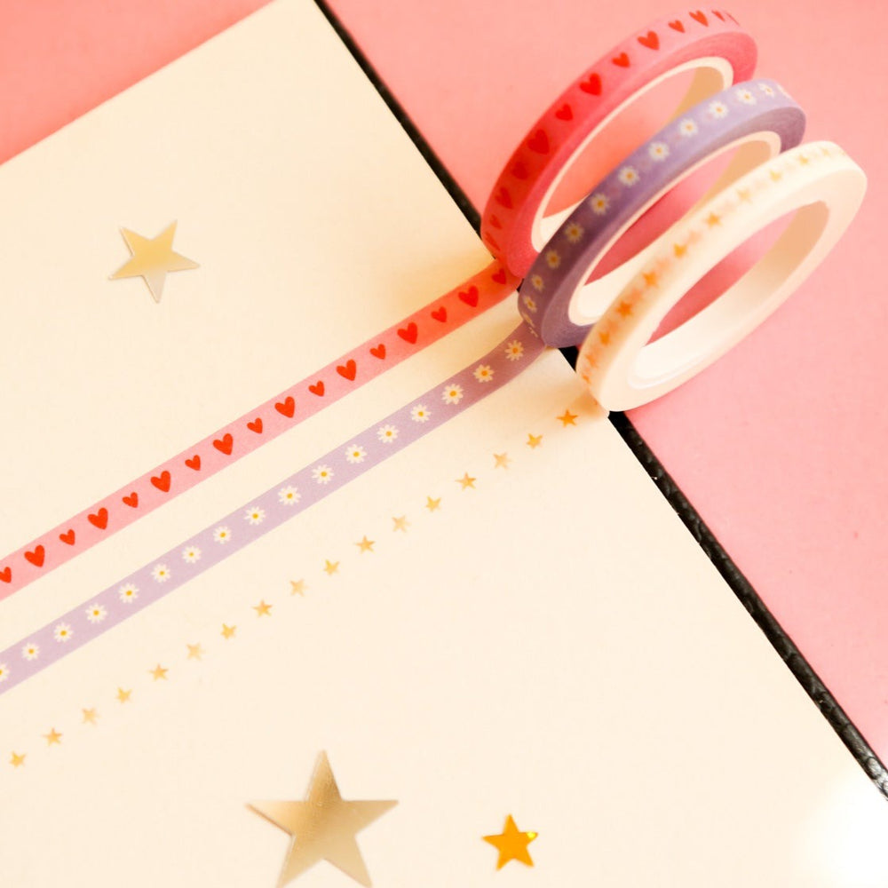 Set of 3 Mini Kawaii Daisy Heart & Star Washi Tape