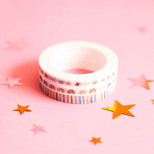 Set of 3 Mini Washi Tape Happy Cute Pastel Flowers, Rainbows & Stripes