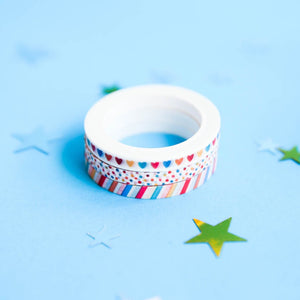 Set Of 3 Mini Colourful Watercolour Hearts Stripes and Polka Dots Washi Tape