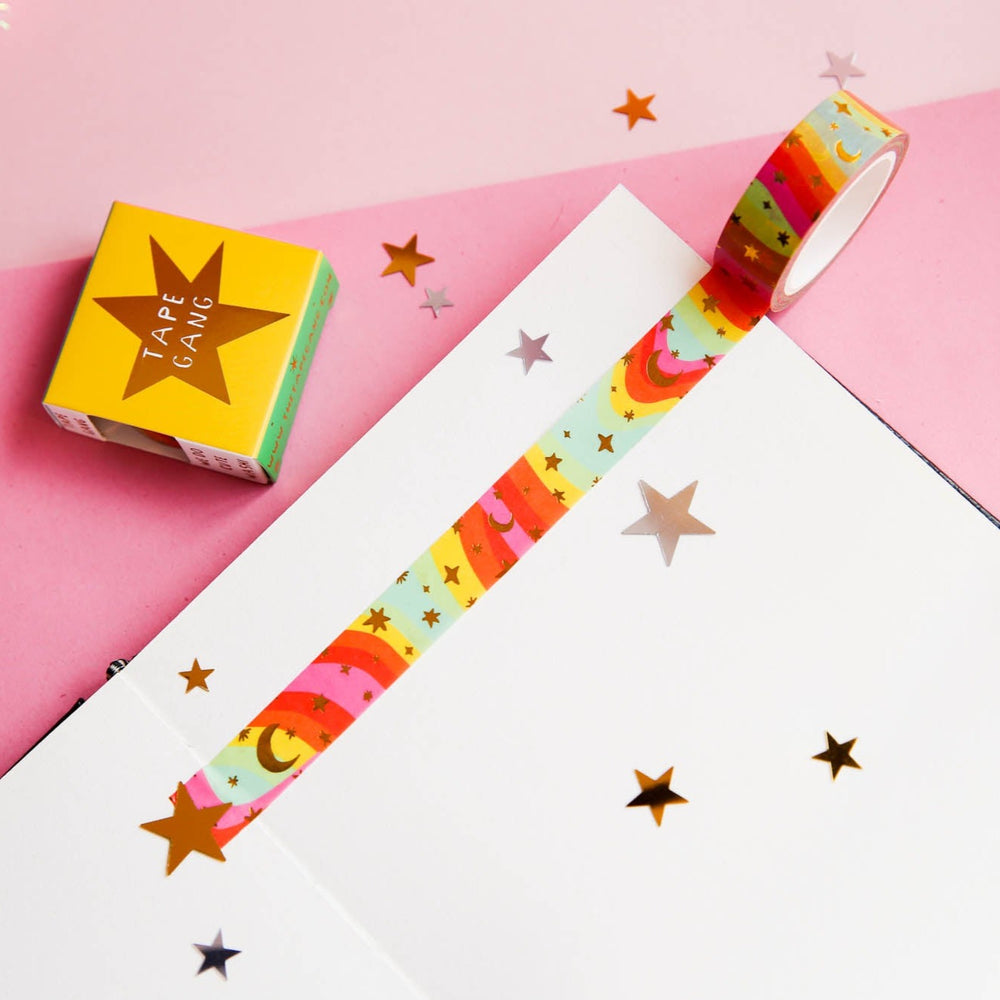 Pastel Rainbow Waves Squiggle Gold Foil Star Moon Washi Tape