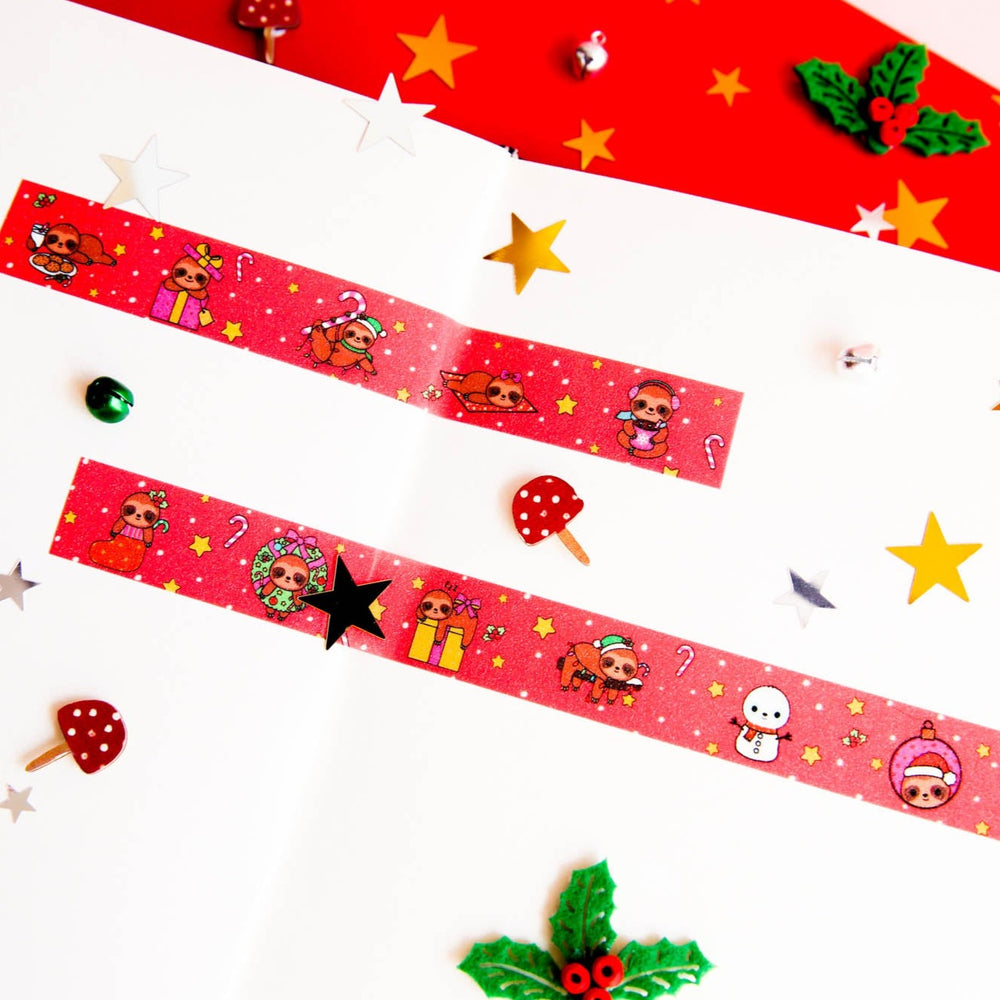 Red Cute Sleepy Snoozy Sloths Christmas Glitter Washi Tape Maxi