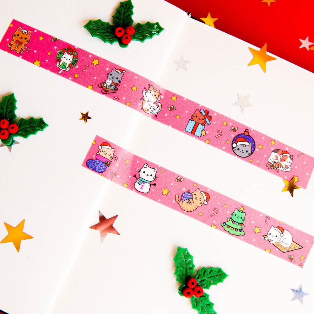 Pink Christmas Naughty or Nice Funny Kittens Cat Glitter Star Snow Washi Tape Maxi